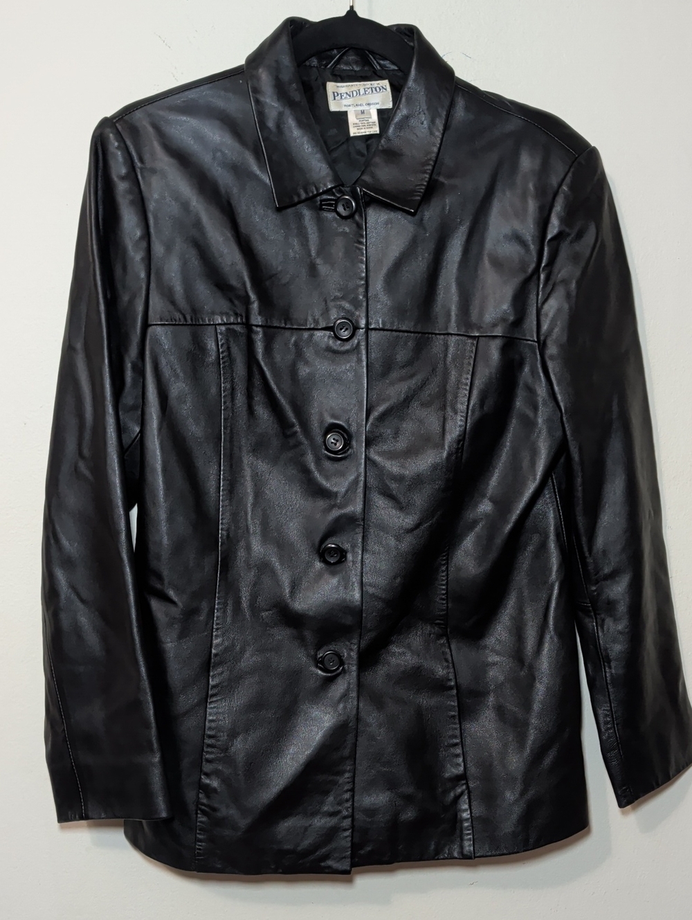 Pendleton Vintage Black Leather Jacket Button Front Collared Women's Size M